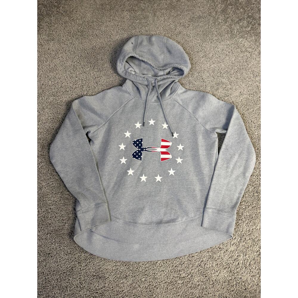 Under Armour Hoodie Womens S Gray USA Stars & Stripes Graphic Pullover Ladies